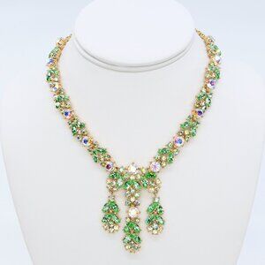 Vintage Rare Trifari Green & AB Rhinestone Bib Necklace 1960s Gorgeous Sparkle